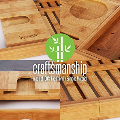 Adjustable Bamboo Bathtub Caddy Tray - Natural Wood Luxury Bath Tub Organizer w/Wine Holder, Soap Dish, Cup Slot, Book Tablet Holder, and Phone Slot for Spa, Bathroom, Shower - SereneLife