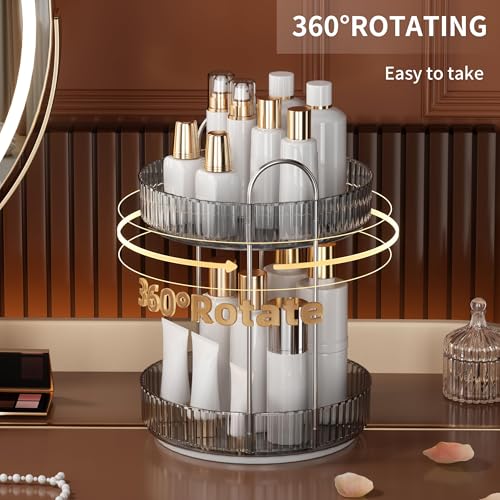 YCIA&DONE 360 Rotating Makeup Organizer and Storage for Vanity Countertop 2 Tiers, High Capacity Cosmetic Skincare Perfume Organizers for Dresser Bathroom Lazy Susan (Smoky Gray)