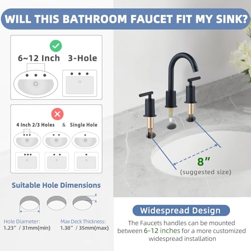 VXV Matte Black Bathroom Faucet 3 Hole Widespread with Easy Installation, 2-Handle 8 Inch Bathroom Sink Faucet 360° Swivel Spout, Pre-Attached Hoses & Drain Included, Vanity Faucet for Bath Sink - color: Luxury Matte Black