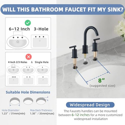 VXV Matte Black Bathroom Faucet 3 Hole Widespread with Easy Installation, 2-Handle 8 Inch Bathroom Sink Faucet 360° Swivel Spout, Pre-Attached Hoses & Drain Included, Vanity Faucet for Bath Sink - color: Luxury Matte Black