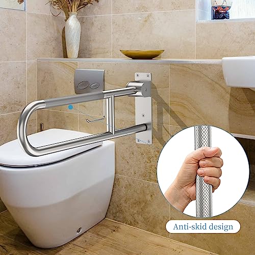 Toilet Grab Bar 30.3 Inch, Munzong Anti-Slip Handicap Grab Bars with Paper Holder, Flip-Up Bathroom Toilet Safety Rails, Stainless Steel Knurled Support handrails for Seniors Elderly Disabled Pregnant | Anti-Slip Bathroom Toilet Safety Rails Stainless Ste