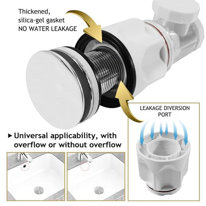Bathroom White Sink Drain Kit, with Flexible Expandable P-Trap Sink Drain Pipe, Fits 1-1/4",1-1/2" and 2'' Drain Hole, Built-in Anti-Clogging Stopper, Anti-Odor Without Overflow - color: White Without Overflow, style: 1 Pack