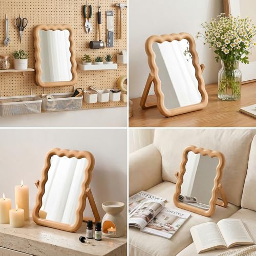 Wooden Wave Shaped Makeup Table Mirror with Stand Folding Tabletop Vanity Mirror Scalloped Aesthetic Wood Framed Standing for Boho Office Desk Home Decoration, 10.24 x 7.87 x 0.79 Inches