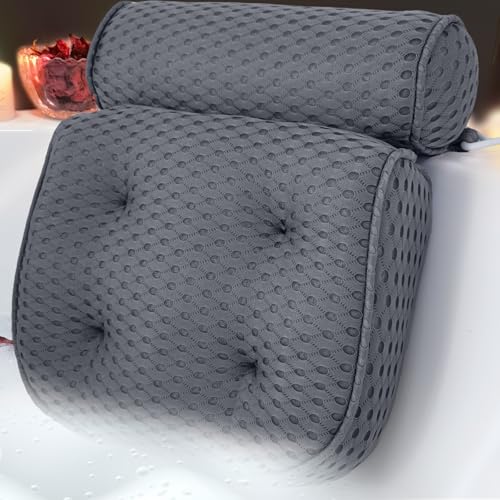 AEROiVi Luxury Bath Pillows for Tub Soft Mesh Strong 6 Suction Cups Gray | Bath Pillow with laundry bag head and neck support Relaxing Bath Washable Quick-Dry Bath Accessories Spa Gifts - color: Gray