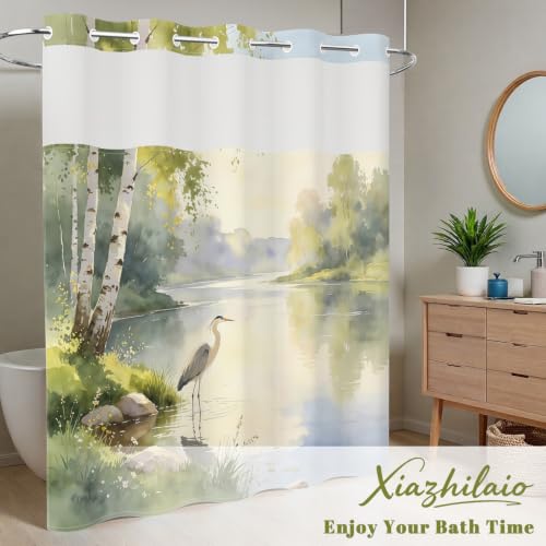 Nature Landscape Shower Curtain with Snap in Liner, 71x74 Inch | No Hooks Needed & Mesh Top, Double Layer Waterproof, Heron Bird & Birch Tree Lake Greenery Scenery Design for Rustic Bathroom - color: Crane & Landscape
