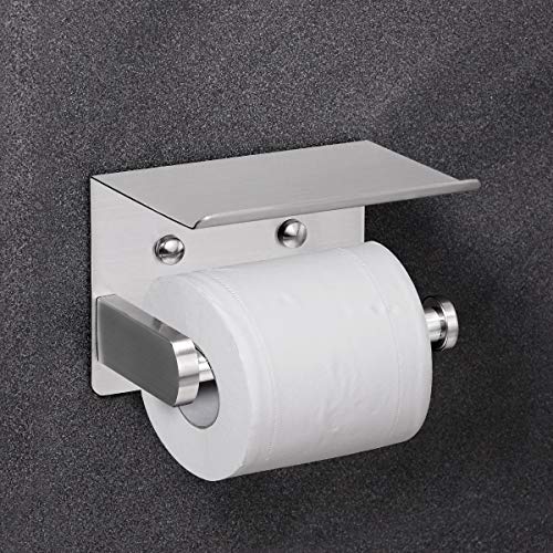 VAEHOLD Self Adhesive Toilet Paper Holder with Phone Shelf Stainless Steel Wall Mounted Toilet Paper Roll Holder - Rustproof and Bathroom Washroom Tissue Roll Holder with Storage Shelf - Silver - color: Silver