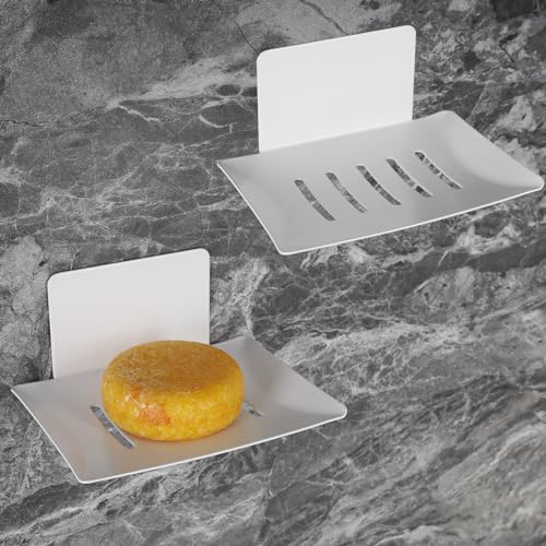 2 Pack Soap Dishes for Bathroom, Bar Soap Holder with Self Draining Tray, Soap Tray for Shower Wall, 5 Slot Self-Adhesive Soap Container (White) - color: White 2pack