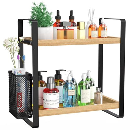 2-Tier Wood Bathroom Counter Organizer with Basket,Waterproof Vanity Perfume Skincare Storage for Bathroom, Kitchen, Dresser - color: Light Brown