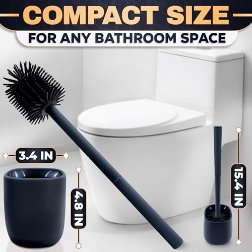 Toilet Bowl Brush and Holder, Silicone and Plastic (Black) | Compact Toilet Brush, Easy to Place and Simple to Store After Use, Strong Rubber Plunger & Stiff Bristle Brush - color: Black