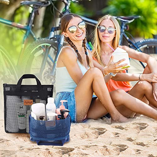 Hommtina 2 Pcs Shower Mesh Caddy Bag Quick Dry Hanging Toiletry and Bath Organizer for Travel and Swimming with Zipper (Dark Blue-Black) - color: Dark Blue-Black