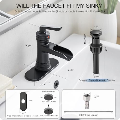 Matte Black Bathroom Faucet 1 Hole, Brass Waterfall Bathroom Faucets 3 Hole 4 Inch Single Handle with Pop-up Drain, Deck Plate, Pre-Installed cUPC Hose for Lavatory, Farmhouse, 5 Mins Install - color: Matte Black