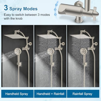 Hibbent All Metal 8" High Pressure Rain Shower Head Combo, Brushed Nickel | cUPC Certified Rainfall Shower Head with handheld 10 Sprays, 16'' Adjustable Extension Arm, 71'' Hose, Showerhead Holder - color: Brushed Nickel, style: Square 8''