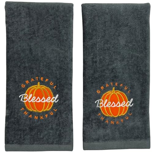 Serafina Home Harvest Fall Hand Towels for Bathroom: Plush Gray Grey Embroidered Grateful Thankful Blessed Orange Pumpkin Design for Bath, 100% Cotton, 16" x 25" Inches, Oeko-TEX Certified - color: Grateful