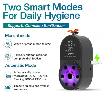 Jetfresh UV Toothbrush Sanitizer and Holder with Fan Drying| Wall Mounted UV-C Toothbrush Cleaner | Tooth Brush Sanitizer Holder Auto Shut-Off, USB Rechargeable, Fits All Brushes. - color: Black