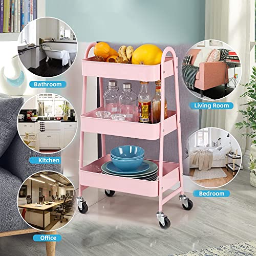 Utility Cart, 3-Tier Rolling Slim Storage Cart with Wheels, Metal, Pink - color: Pink
