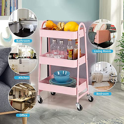 Utility Cart, 3-Tier Rolling Slim Storage Cart with Wheels, Metal, Pink - color: Pink