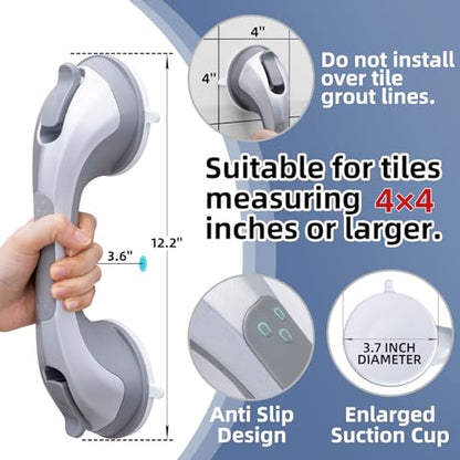 Shower Grab Bar Suction Cup 12 inch, 2 Pack Grab Bars for Bathtubs, Bathroom Safety Grip Shower Handle for Elderly and Seniors, Bath Handrails Removable Waterproof No Drilling Silver