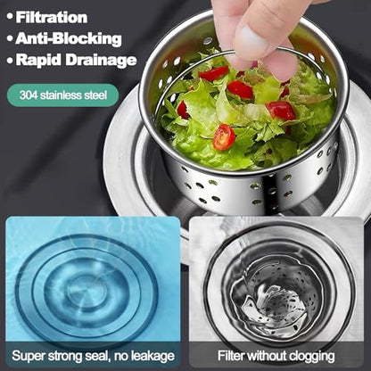 3-1/2 ‘’Kitchen Sink Drain Assembly Kit 304 Stainless Steel Sink Strainer Drain Basket Replacement with Sink Stopper Sealing Lid Fit Standard Sink Drain Hole for Kitchen Bathroom