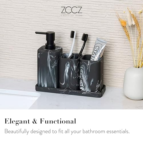 Bathroom Accessory Sets, 4 Pieces Bathroom Accessories Complete Set Vanity Countertop Accessory Set, Includes Lotion Dispenser Soap Pump, Tumbler, Toothbrush Holder and Tray (Black Marble Look) - color: Black Marble Look
