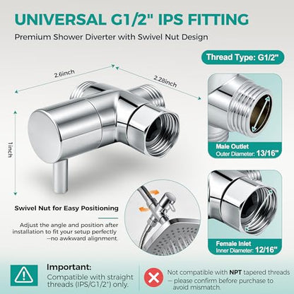 3 Way G1/2 Shower Diverter Valve, Solid Metal Shower Head Splitter | Premium Shower Arm Diverter for Handheld Shower Head, Fixed Spray Head, Rainfall Showerheads, Easy To Install, Chrome
