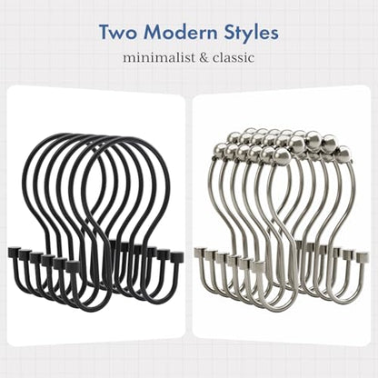 Bathway Shower Curtain Hooks Black Shower Curtain Rings, Simple Double Hook Shower Curtain Hooks Rust Proof, Smooth Sturdy Metal Shower Hooks for Shower Curtain Rod, 12Pcs Shower Rod Hooks - color: Black, style: Minimalist Shower Hooks with Cylinders