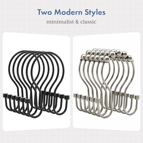 Bathway Shower Curtain Hooks Black Shower Curtain Rings, Simple Double Hook Shower Curtain Hooks Rust Proof, Smooth Sturdy Metal Shower Hooks for Shower Curtain Rod, 12Pcs Shower Rod Hooks - color: Black, style: Minimalist Shower Hooks with Cylinders