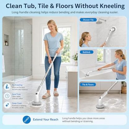Electric Spin Scrubber Cordless IPX7 Waterproof Electric Scrubber | Cleaning Brush Bathroom Scrubber with 6 Brush Heads, Extendable Long Handle Power Scrubber for Bathtub Floor