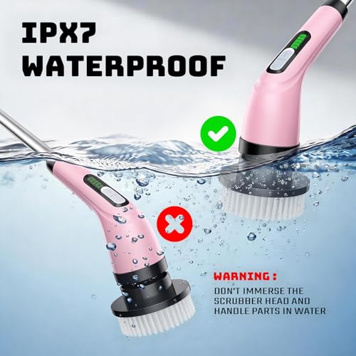 Highyes Electric Spin Scrubber for Bathroom, Upgrated Powerful IPX7 Waterproof Shower Scrubber with Extendable Long Handle A10D (Pink) | IPX7 Waterproof Shower Scrubber with Extendable Long Handle，Bathroom Cleaning Scrubber with 7 Reusable Brush Heads - c