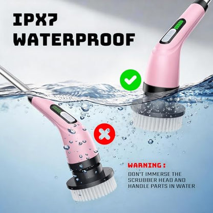 Highyes Electric Spin Scrubber for Bathroom, Upgrated Powerful IPX7 Waterproof Shower Scrubber with Extendable Long Handle A10D (Pink) | IPX7 Waterproof Shower Scrubber with Extendable Long Handle，Bathroom Cleaning Scrubber with 7 Reusable Brush Heads - c