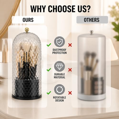 Toothbrush Holder with Cover,3 Compartment Rotating Countertop | Dust-Proof Sliding Lid Bathroom Organizer for Toothpaste, Makeup Brushes Holder with Makeup Bag, Vanity Storage – Black