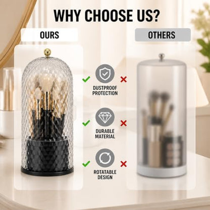 Toothbrush Holder with Cover,3 Compartment Rotating Countertop | Dust-Proof Sliding Lid Bathroom Organizer for Toothpaste, Makeup Brushes Holder with Makeup Bag, Vanity Storage – Black