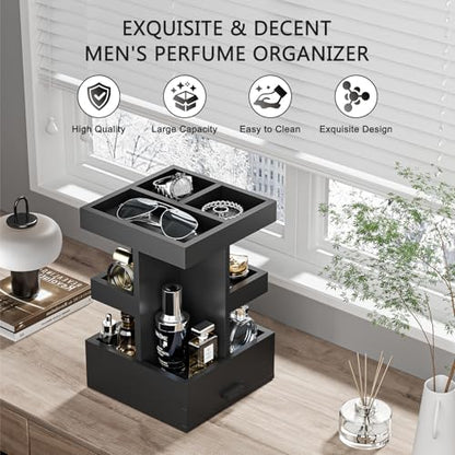 Rotating Cologne Organizer for Men, 3 Tier Wooden Stand with Drawer | 360 Spinning Perfume Holder, Large Capacity Modern Men's Vanity Tray & Dresser Organizer, Sleek Matte Black Wood Construction