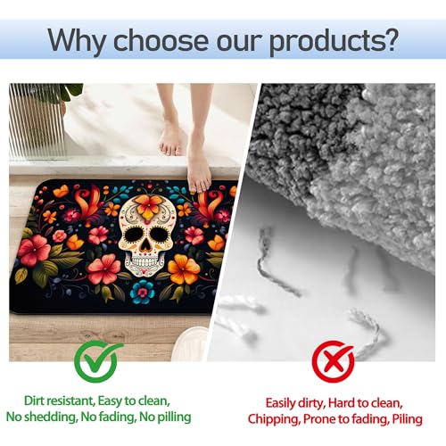 Skull Flowers Bathroom Mat, Non-Slip Rubber Backing Thin Low-Profile Bath Rug, Easy-Clean Bathroom Floor Mat for Shower, Bathtub, Kitchen, or Entryway - color: Skull Flowers