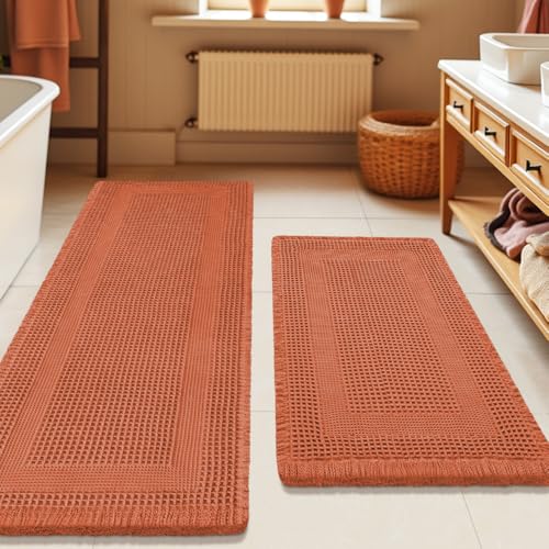 Upgrade Waffle Bath Mat Set 2 Piece, Boho Bathroom Rugs Absorbent Non Slip, Ultra Soft Bathroom Mat, Machine Washable Knit Bath Rugs with Tassels for Bathroom, Bedroom, Kitchen, Shower, Burnt Orange - color: Burnt Orange-looped, size: 24" x 17" + 5' x 2'(