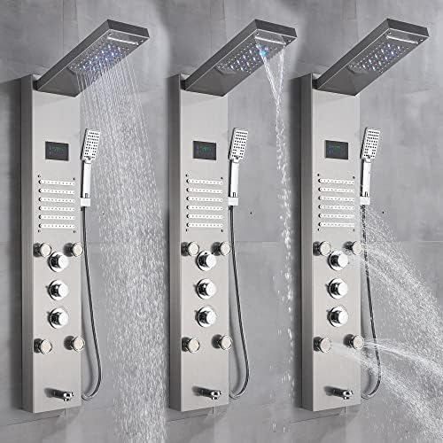 Brushed Nickel LED Rainfall Shower Panel Tower Faucet Massage Suit Body Jets
