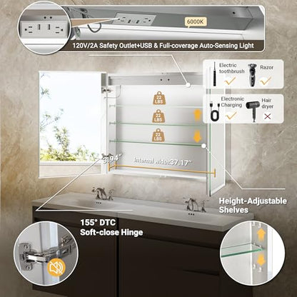 40x30 Front & Backlit Medicine Cabinet with Mirror, 155°Soft-Close Hinge, Surface or Recessed Dimmable Lighted Medicine Cabinet Mirror with Clock Outlet Inner Light,Anti-Fog - size: 40x30'' (Cabinet)