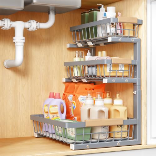 PXRACK Under Sink Organizer, 1-Pack 3-Tier Height Adjustable Thickened Metal Pull out Cabinet Organizer Shelf, Slide out Storage Drawer Rack for Bathroom Kitchen Pantry Home Organization, Grey - color: Grey, size: 1-Pack