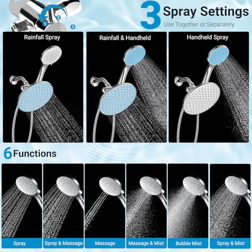 Dual Shower Head with Handheld Combo, 8.6" Rainfall Showerhead | 6 Settings Handheld Shower Head with Hose, Dual Shower System for Full Body Coverage and Easy Installation(Chrome) - color: Chrome