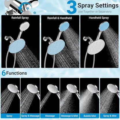 Dual Shower Head with Handheld Combo, 8.6" Rainfall Showerhead | 6 Settings Handheld Shower Head with Hose, Dual Shower System for Full Body Coverage and Easy Installation(Chrome) - color: Chrome