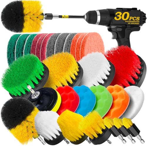 Holikme 30Piece Drill Brush Attachment Set - Power Scrubber Cleaning Kit | Buffing Sponges, Nylon Grout Tools, Tile Bathtub Shower Floors Kitchen Car Interior Detailing, Cleaning Supplies - color: Yellow
