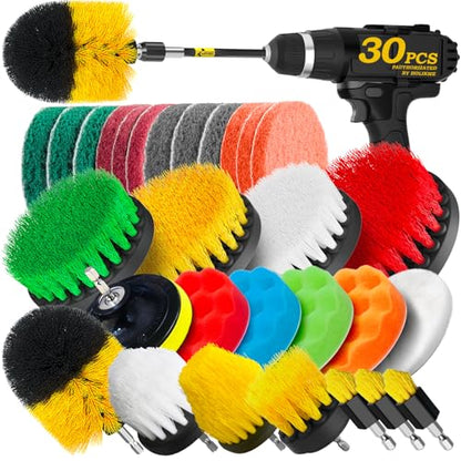 Holikme 30Piece Drill Brush Attachment Set - Power Scrubber Cleaning Kit | Buffing Sponges, Nylon Grout Tools, Tile Bathtub Shower Floors Kitchen Car Interior Detailing, Cleaning Supplies - color: Yellow