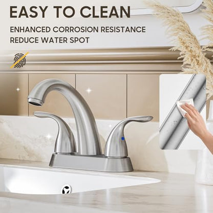 Centerset 4 Inch Brushed Nickel 2 or 3 Holes Stainless Steel Bathroom Sink Faucet, 2 Handle Bathroom Faucet with Copper Pop Up Drain and Water Supply Lines, BF008-5-BN - color: Brushed Nickel, style: 1 Pack