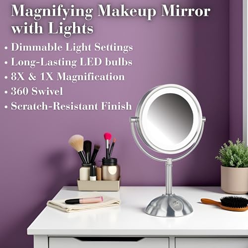 JERDON Lighted Makeup Mirror with 8X Magnification - Nickel - HL8808NL | Two-Sided 1X View, 8.5" Round Frame, 16" Tall, LED Lighting - color: Nickel