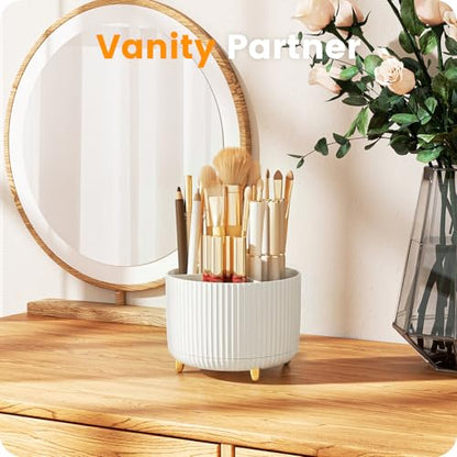A-LuGei 【Elegant White】 5.9" Makeup Brush Holder Organizer, 【360° Rotating】 6 Slot Makeup Organizer Countertop, 【Minimalist Chic】 Vanity Organzier, Pen Holder for Desk Office Bathroom Desktop