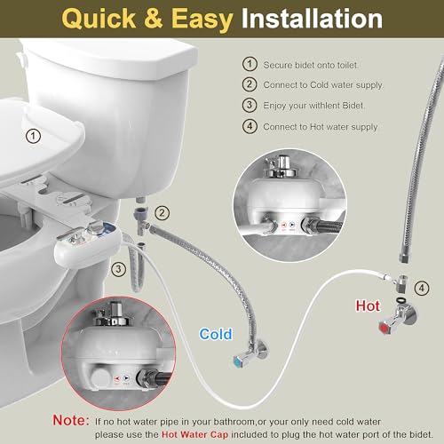 Bidet Attachment for Toilet Warm Water Left - Hot and Cold Self-Cleaning, Dual Nozzle, Non-Electric Bidet Attachment for Toilet Seat, Adjustable Water Pressure, Rear and Feminine Wash, Lever Control