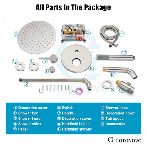 gotonovo Tub Shower Faucet Set with Valve,Brushed Nickel,Straight Handheld | 10” Rain Shower Head with Handheld Trim Kit,Luxury Shower System with Tub Spout,All Metal,Bathroom Wall Mounted 3 Function - color: Nickel