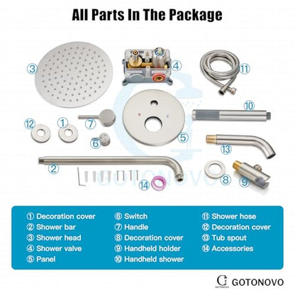 gotonovo Tub Shower Faucet Set with Valve,Brushed Nickel,Straight Handheld | 10” Rain Shower Head with Handheld Trim Kit,Luxury Shower System with Tub Spout,All Metal,Bathroom Wall Mounted 3 Function - color: Nickel