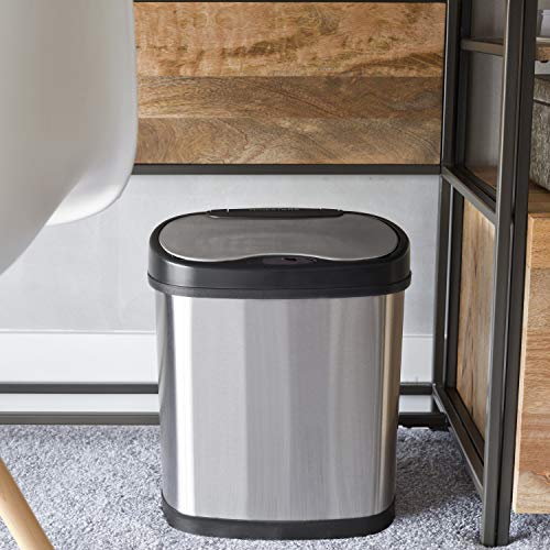 NINESTARS DZT-12-13 Automatic Touchless Infrared Motion Sensor Trash Can, 3 Gal 12L, (Oval, Black/Silver Lid) - color: Sliver/Black, size: 3 Gal