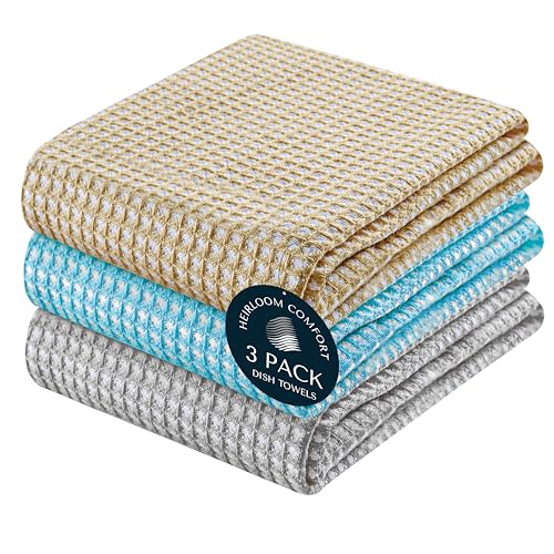 3 Pack 100% Cotton Multi Dual Waffle Weave Kitchen Towels, 16x26 Inch, Super Absorbent, Quick Dry Dishcloth Set, Soft Hand Towels for Cleaning, Durable - Beige, Turquiose Blue, Grey - color: Beige, Turquiose Blue, Grey, size: 16 x 26 - Pack of 3