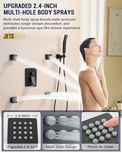 Dual Rainfall Shower Head System with 4 Body Jets, JetsBath Shower Faucet Set Double Shower Head 6-Inch Shower Head & 12” Rain Shower, Luxury Matte Black Shower Faucet Set,Wall-Mounted Shower System - color: Matte Black